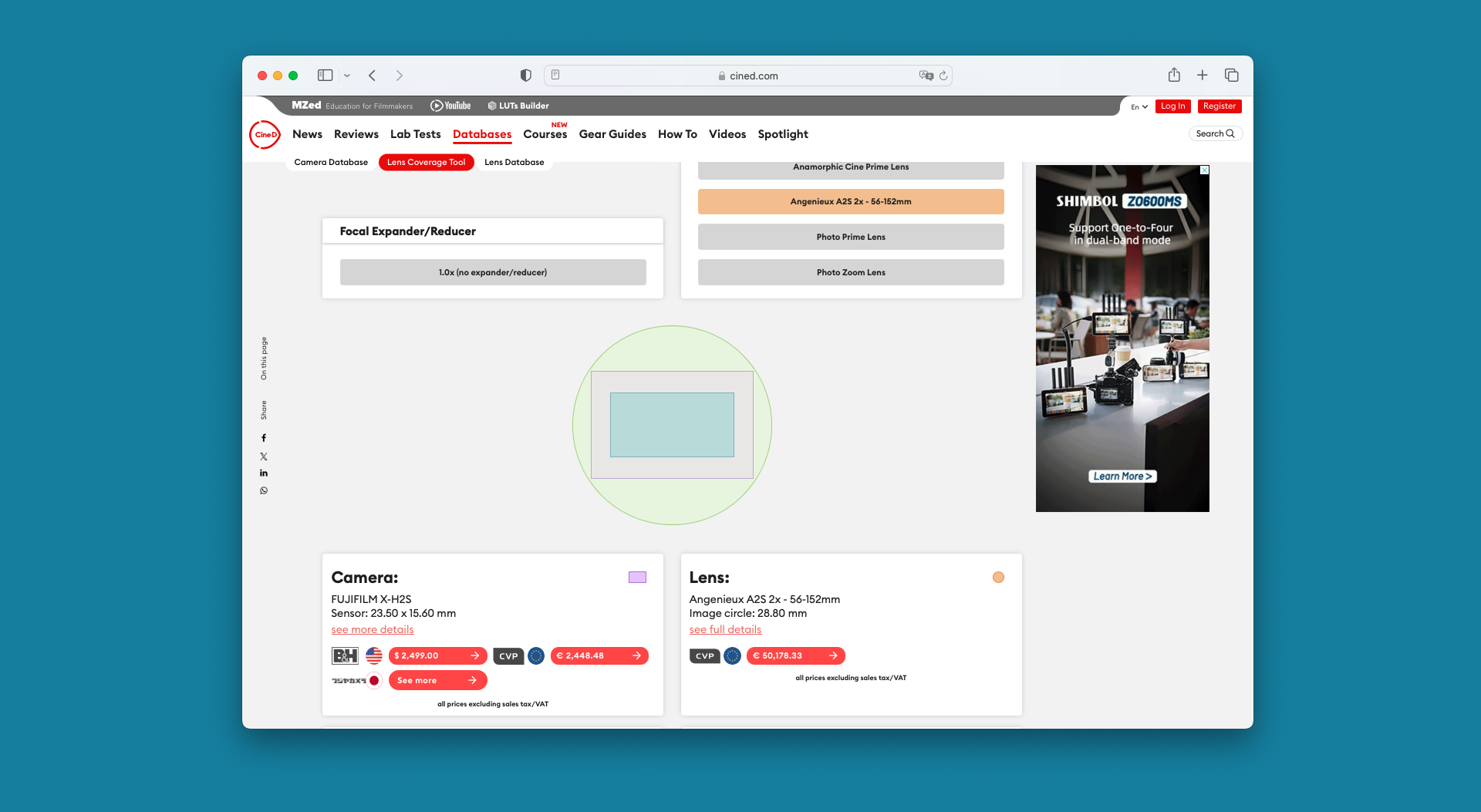 Screenshot des Lens Coverage Tools von 'CineD'