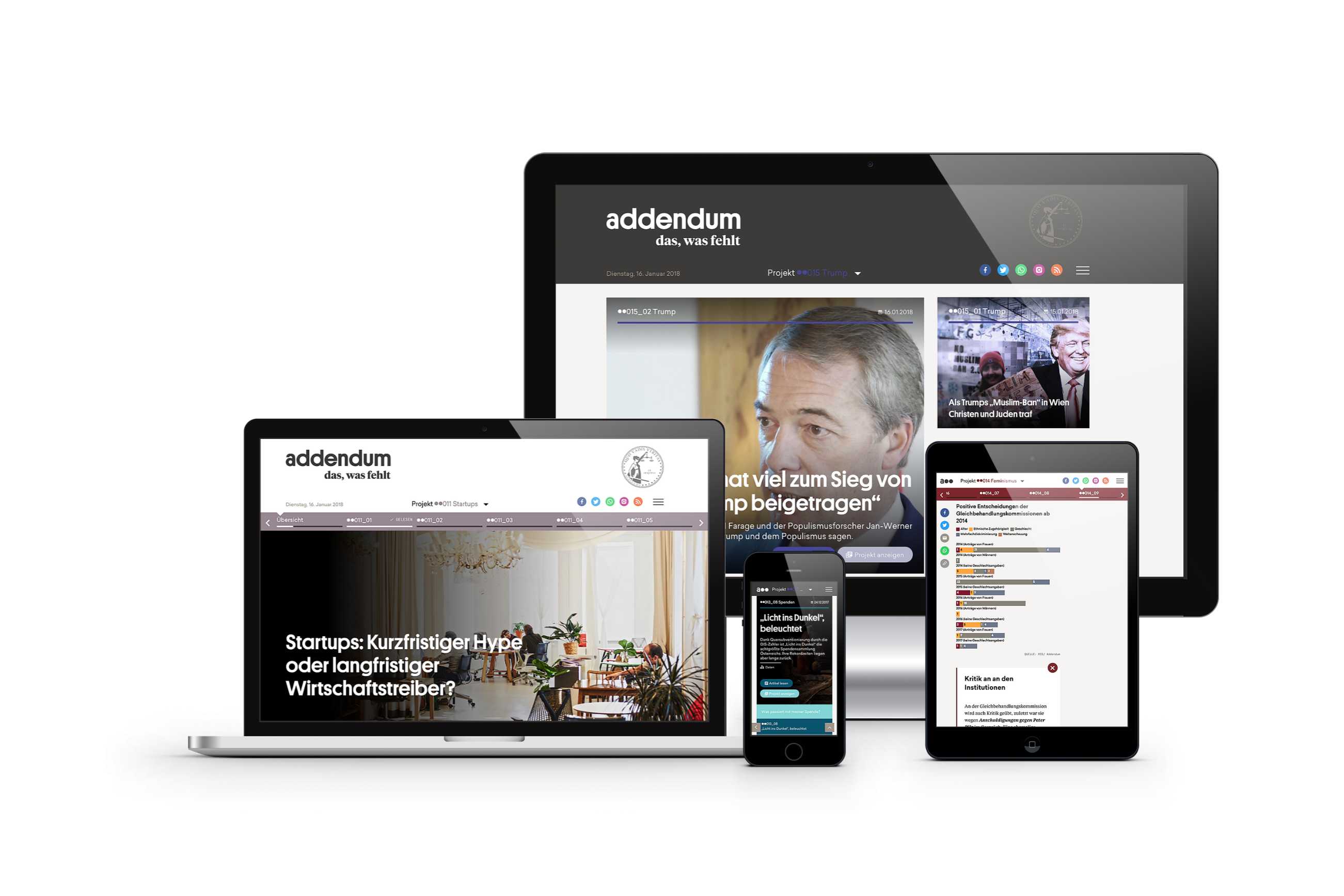 Screenshots der Medienplattform Addendum.org auf unterschiedlichen Devices